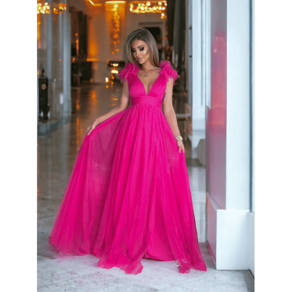 DOLGA SVEČANA OBLEKA IZ TILA V BARVI FUKSIJE